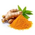 Turmeric root and powder isolated on white background close up Generative AI Royalty Free Stock Photo