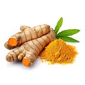 Turmeric root and powder isolated on white background close up Generative AI Royalty Free Stock Photo