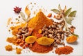 Turmeric root and powder, with a mix of warm and cool tones isolated on a white background