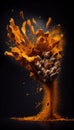 Turmeric Roots and Turmeric Powder Creatively Falling-Dripping Flying or Splashing on Black Background AI Generative