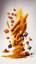 Turmeric Roots and Turmeric Powder Creatively Falling-Dripping Flying or Splashing on White Background AI Generative