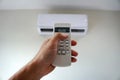 Turn on the air conditioner at 25 degrees Celsius. Hand holding the air conditioner remote control and thumb is pressing a button Royalty Free Stock Photo