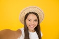 Turn back brim straw hat. Happy kid relaxing summer resort. Summer vacation outfit. Ready to relax. Teen girl summer