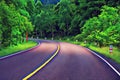 Turn on empty forest road. Summer travel landscape vibrant digital illustration. Highway and roadside.