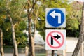 Turn left, and no right turn traffic sign post with clipping path Royalty Free Stock Photo