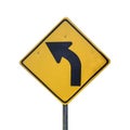 Turn left yellow road sign with white solid background Royalty Free Stock Photo