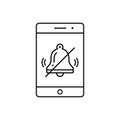 Turn off phone ringer line icon. No bell on smartphone monitor. Soundless mode. Vector outline illustration