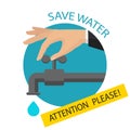 Vector flat illustration. Turn off the water with man`s hand iso