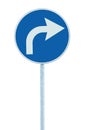 Turn right ahead sign, blue round isolated roadside traffic signage, white arrow icon and frame roadsign, grey pole post