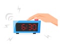 Turn of ringing alarm clock, pressing button on electronic clock, early morning concept, waking up early, flat vector