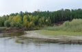 The turn of the small river Kempendiai in the wild North of Yakutia with sand and grass