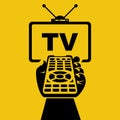 Turn on the TV black icon. Remote control holding in hand. Vector flat. Royalty Free Stock Photo