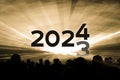 Turn of the year 2023 2024 yellow laser show party Royalty Free Stock Photo