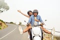 Turn your journey into a high-powered thrill ride. an adventurous couple out for a ride on a motorbike. Royalty Free Stock Photo