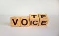 Turned cubes and changed the word `voice` to `vote`. Beautiful white background. Concept. Copy space