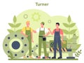 Turner or lathe concept. Factory worker using turning machine