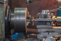 The turning chuck of the Soviet machine tool in motion close-up