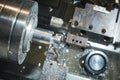 Turning cnc machine at metal work industry. Multitool precision manufacturing and machining