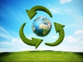 Turning green arrows around the earth form recycling symbol. 3D illustration Royalty Free Stock Photo