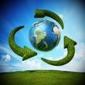 Turning green arrows around the earth form recycling symbol. 3D illustration