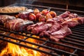 turning over the meats on an argentinian asado mixed grill Royalty Free Stock Photo