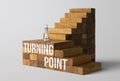 Turning point to success in business or career path success concept. A king chess is on the wooden stacked staircase with the word