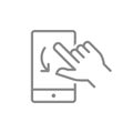 Turning swipe gesture line icons for smartphone application. Mobile phone with hand symbols.