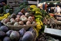 Turnips, beets, broccoli, carrots, potatoes on the shelves at Borough Market Royalty Free Stock Photo