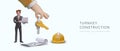 Turnkey construction. 3D drawing, construction helmet, man, hand giving keys Royalty Free Stock Photo