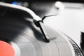 Turntable cartridge and stylus on vinyl record Royalty Free Stock Photo