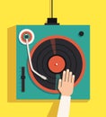 Turntable with dj hands. Vector flat illustration Royalty Free Stock Photo