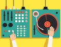 Turntable with dj hands. Vector flat illustration Royalty Free Stock Photo