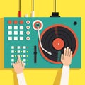 Turntable with dj hands. Vector flat illustration Royalty Free Stock Photo