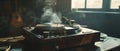A turntable emitting a moody, smoky ambiance with a vinyl record spinning, creating an atmospheric music scene.