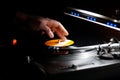 Turntable, hand of dj on the vinyl record Royalty Free Stock Photo