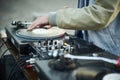 Turntable, hand of dj on the vinyl record Royalty Free Stock Photo