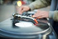 Turntable, hand of dj on the vinyl record Royalty Free Stock Photo