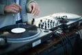 Turntable, hand of dj on the vinyl record Royalty Free Stock Photo