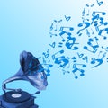 A turntable with musical notes floating with blue background Royalty Free Stock Photo