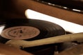 Turntable, Old record player stylus on a rotating disc, vintage filtered, selective focus Royalty Free Stock Photo