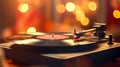 Turntable playing vinyl record with bokeh lights on background Royalty Free Stock Photo