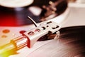 Turntable playing vinyl record with music Royalty Free Stock Photo