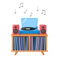 Turntable playing vinyl record. Retro audio device with acoustic system. Analog music player with vinyl collection