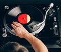 Turntable scratch, hand of dj on the vinyl record Royalty Free Stock Photo