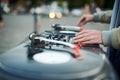 Turntable, hand of dj on the vinyl record Royalty Free Stock Photo