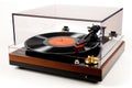 turntable with spinning vinyl record, stylus and dust cover Royalty Free Stock Photo