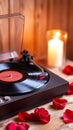 A turntable spins a record as candlelight flickers, with scattered rose petals enhancing the romantic setting Royalty Free Stock Photo