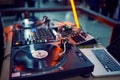 Turntable, vinyl record at night club. blured background. Royalty Free Stock Photo