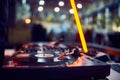 Turntable, vinyl record at night club. blured background Royalty Free Stock Photo