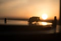 Turntable vinyl record player on the background of a sunset over the mountains. Sound technology for DJ to mix & play music. Black Royalty Free Stock Photo